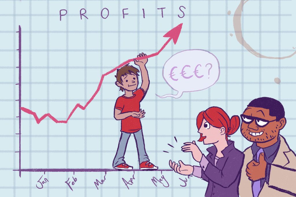 A woman and a man looking at a kid grabbing an arrow of increasing profit