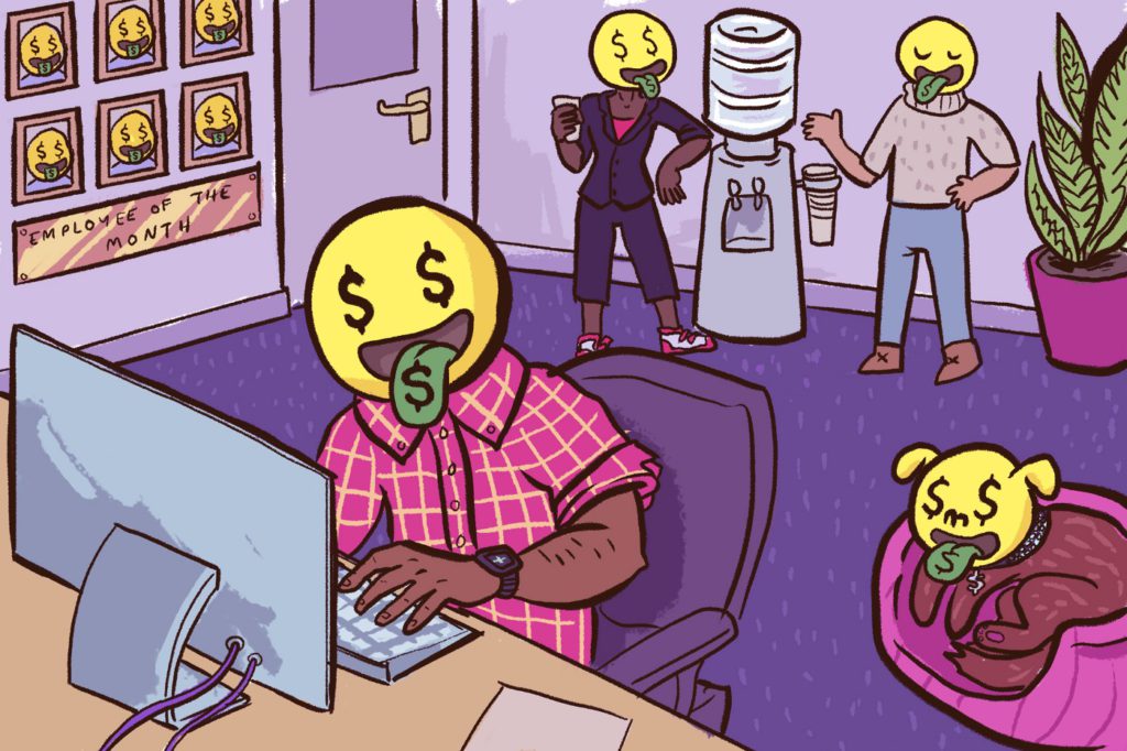 Illustration of people working with money emojis on their heads