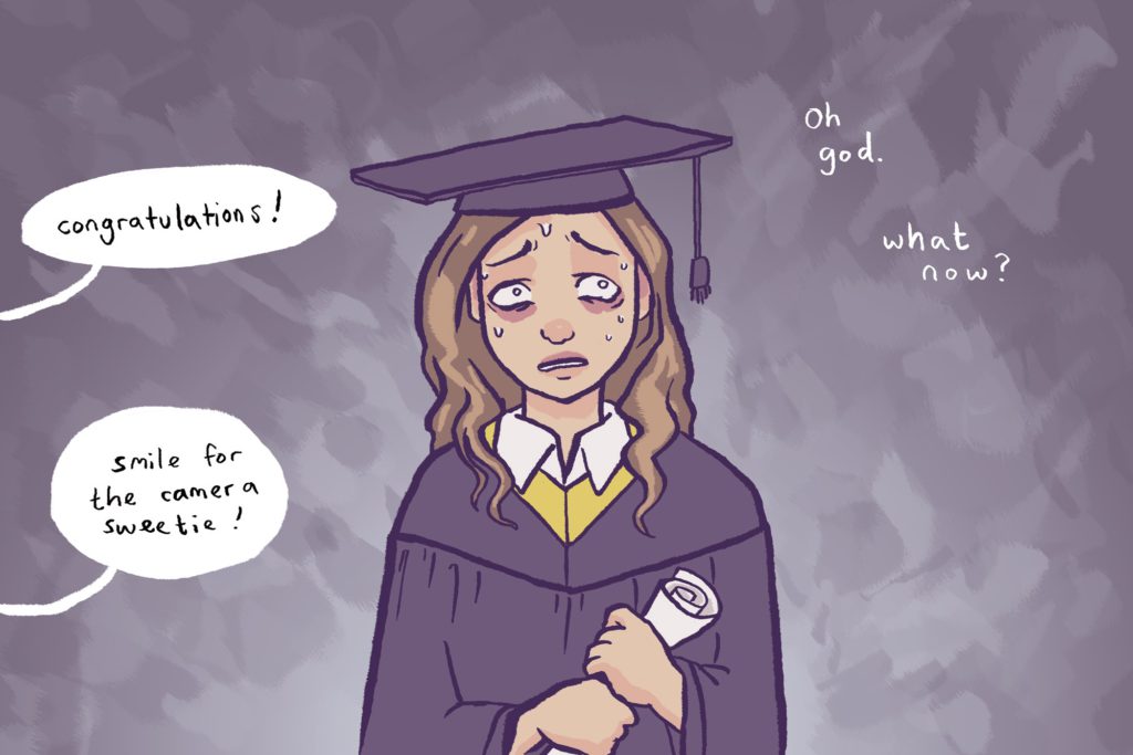 Illustration of a girl on her graduation outfit looking nervous