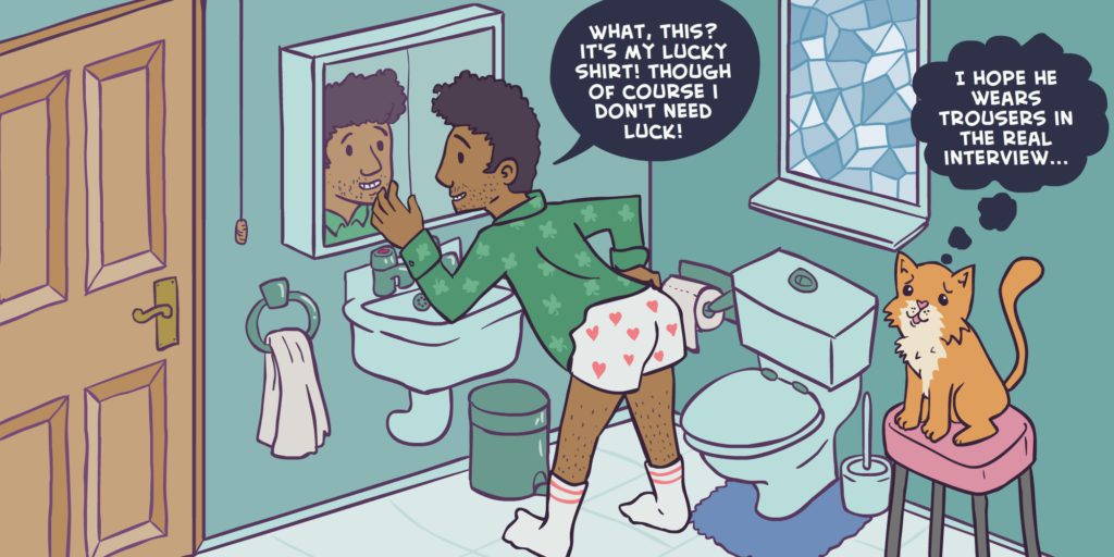 Illustration of a guy in his bathroom talking to the mirror
