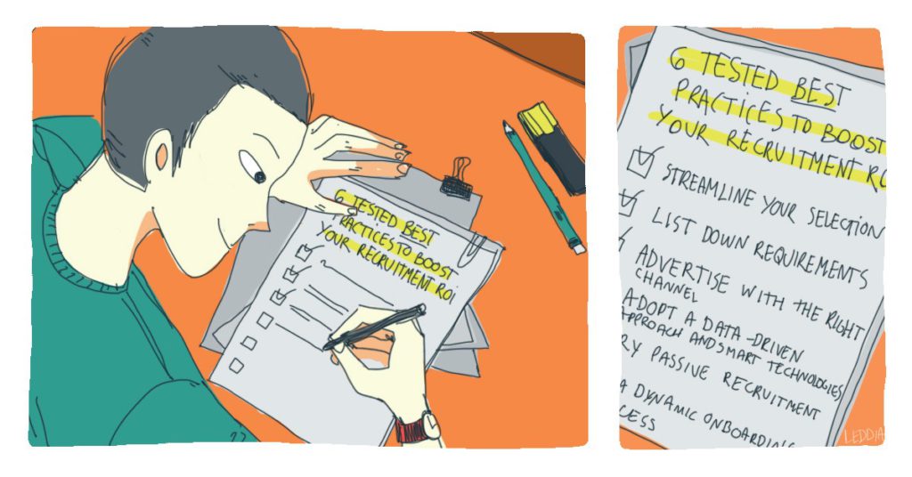 Illustration of a person writing on a paper "6 Tested Best Practices to Boost Your Recruitment ROI"