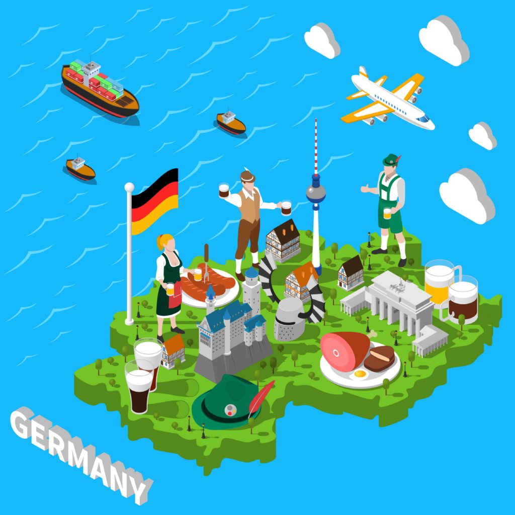 Illustration about Germany with typical food, clothes, beer and buildings
