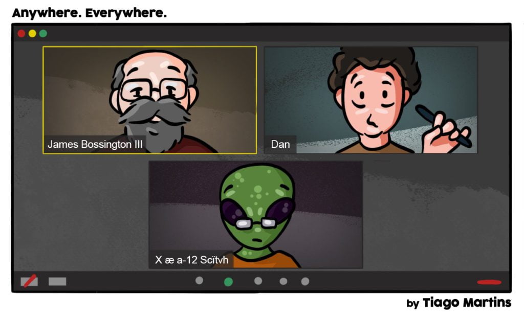Cartoon of a zoom call between an older man, a young man and an alien
