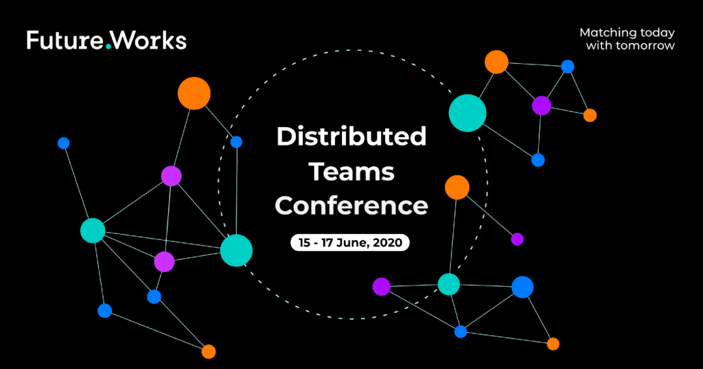 Graphic image with caption "Distributed teams conference"