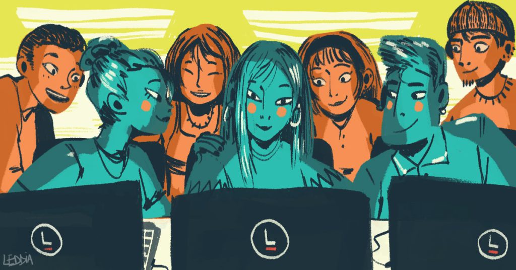 Orange and blue illustration of seven people looking to three of them in from of computers