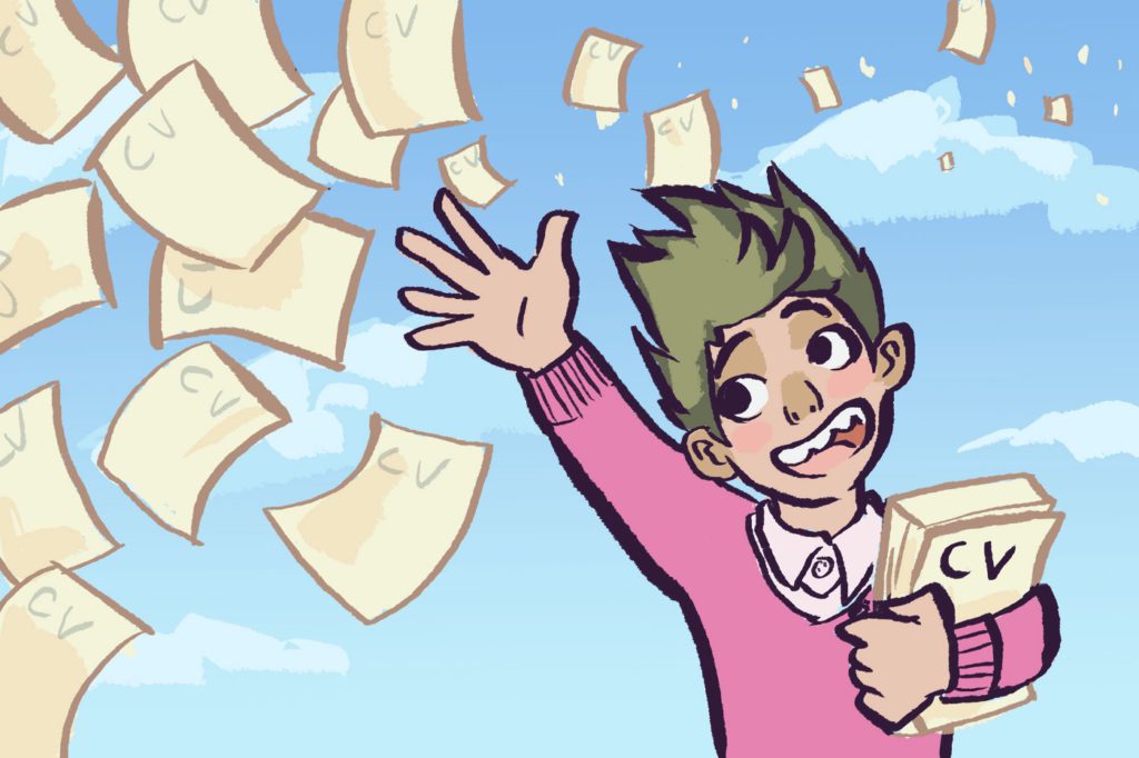 Cartoon of a boy throwing CVs in the air