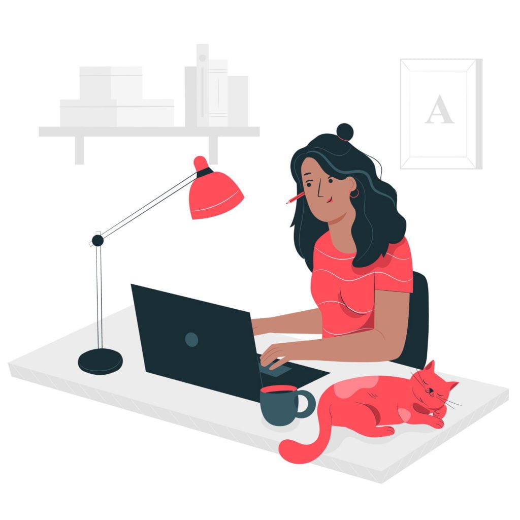 Vector image of a person working from home with a cat, a mug, a computer and a light on her table
