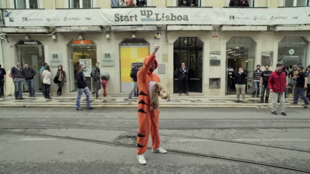 Person wearing a tiger suit on the street