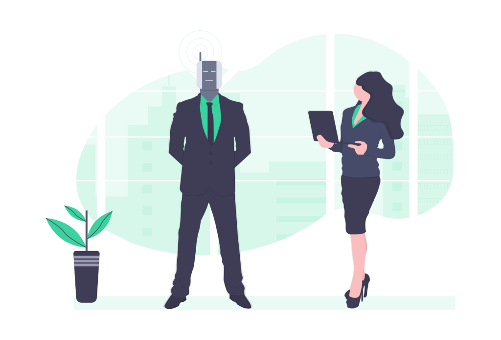 Vector image of a plant, a robot in a suit and a woman in a suit holding a computer