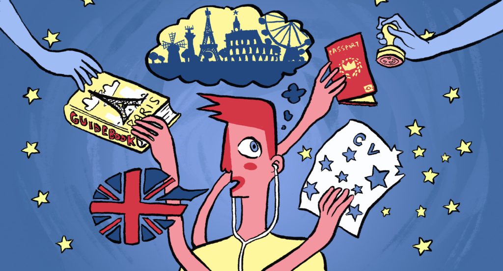 Illustration of a person with a UK flag, a CV, a Paris Guidebook and a passport around him