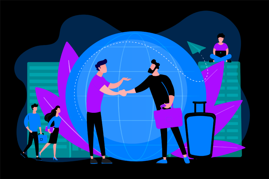 Vector image of two men shaking hands in front of a globe with people walking, working and travel lugagge