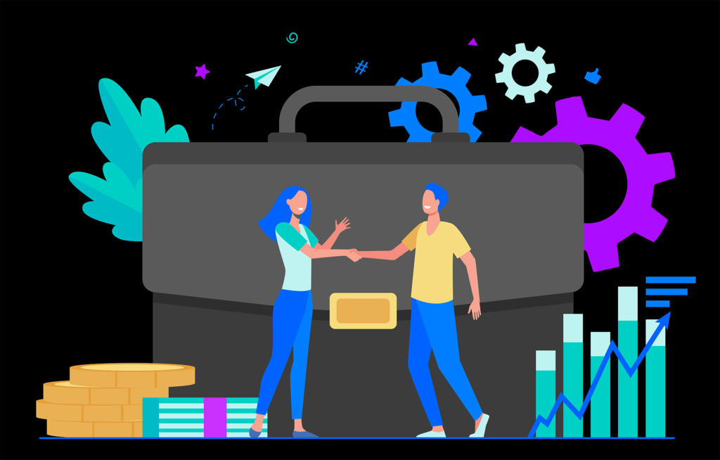 Vector image of two people shaking hands in front of a huge work suitcase