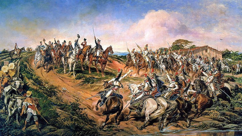 Battlefield portrayed in “O grito do Ipiranga” by Pedro Américo. Soldiers on horses preparing to charge agains't one another.