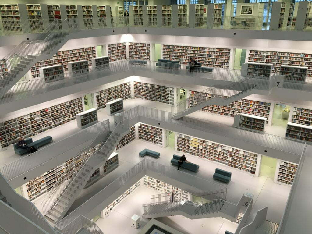 big library with 5 floors, showing rows of books