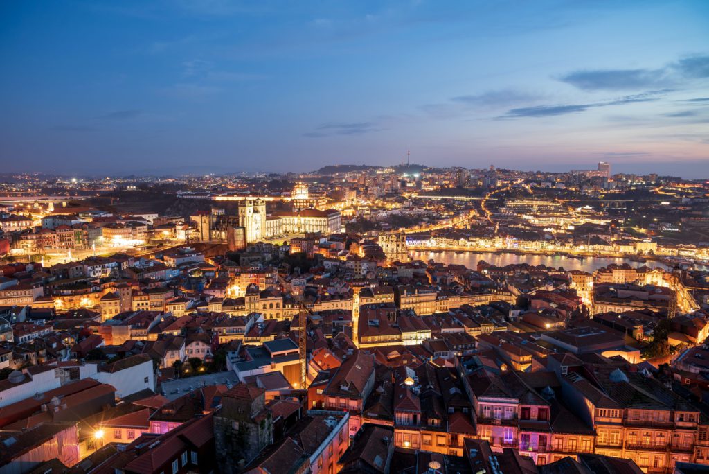 night time aerial view of Porto in Portugal